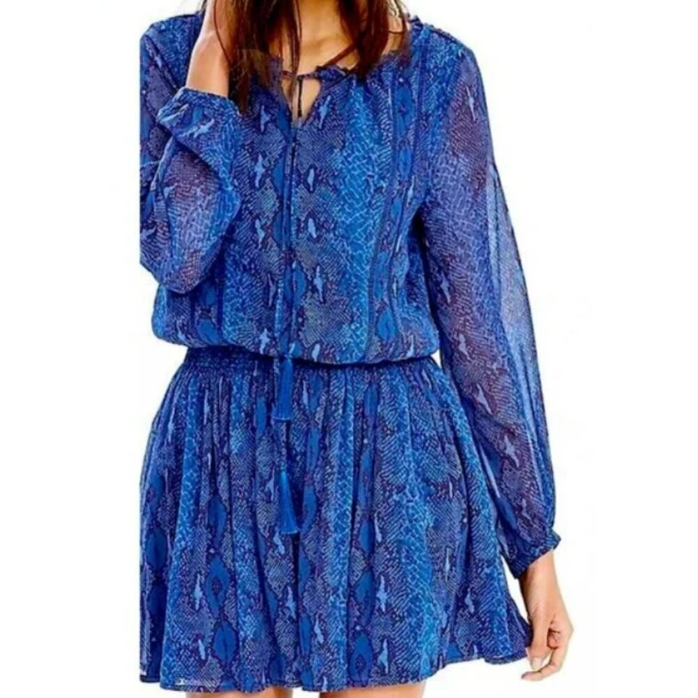 Banana Republic Womens Blue Animal Print Dress Lined Chiffon Tasseled Size M‎